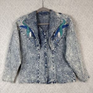 Vtg 80s Acid Wash Denim Top Women S/M Button Up Gem Rhinestone Leather Patch 90s
